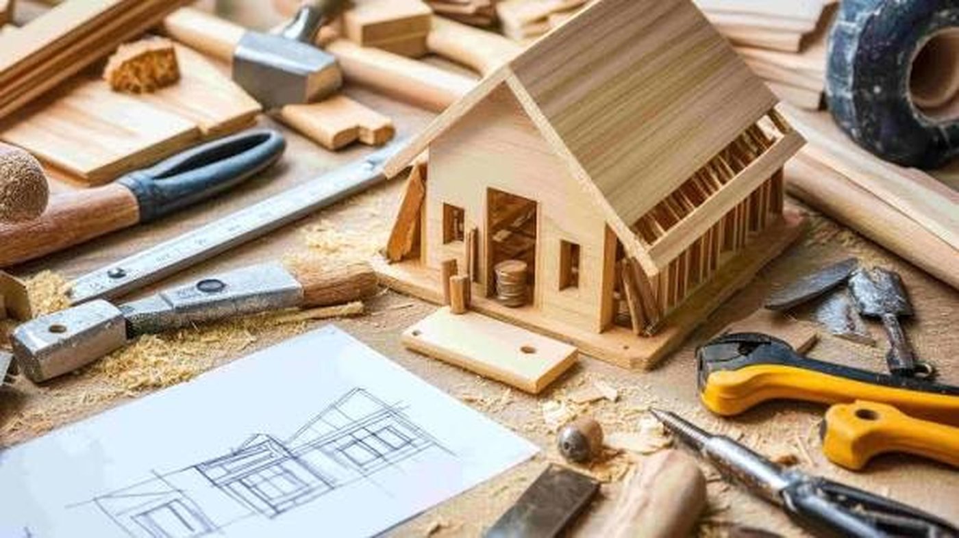 Hand tools, a timber house frame and a plan drawing on a workbench